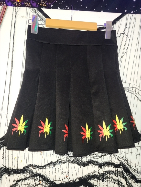 Bodyrage Dresses & Skirts - ✨️Black Pleated Skater Skirt with Red-Yellow-Green Leaf Accents✨️